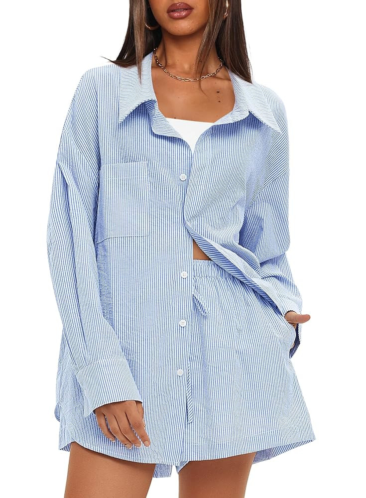 Darong Women's Summer 2 Piece Outfit Sets Long Sleeve Button Down Shirts Matching Short Sets Beac... | Amazon (US)