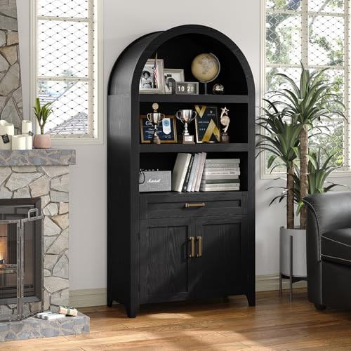 Furniouse Black Arched Cabinet, Modern 65.2'' Tall Storage Cabinet with Large Drawer Storage & Open Shelf for Kitchen, Living Room, Black | Amazon (US)
