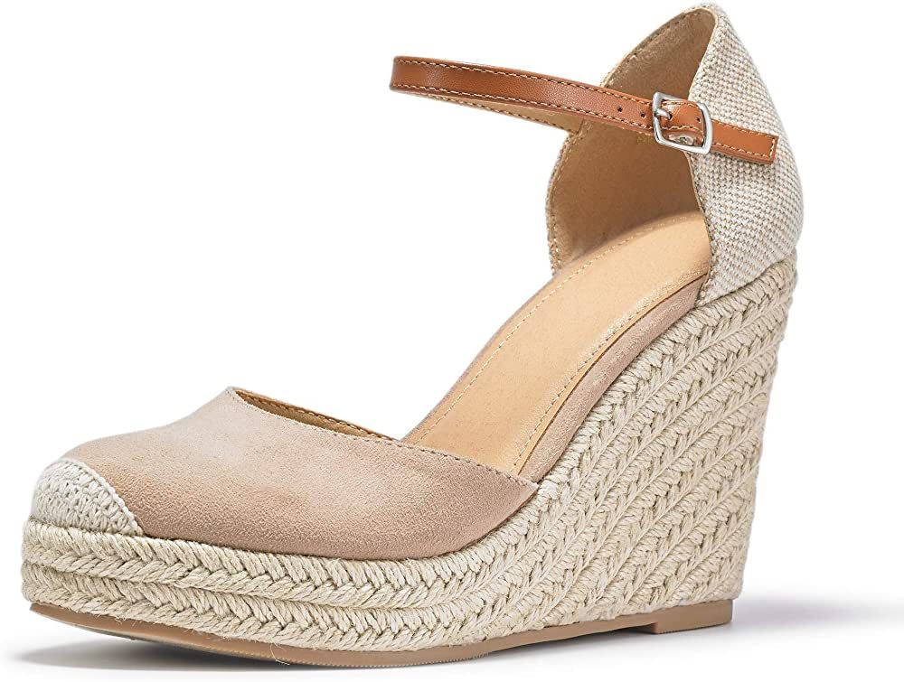 FISACE Womens Summer Espadrille Heel Platform Wedge Sandals Ankle Buckle Strap Closed Toe Shoes | Amazon (US)