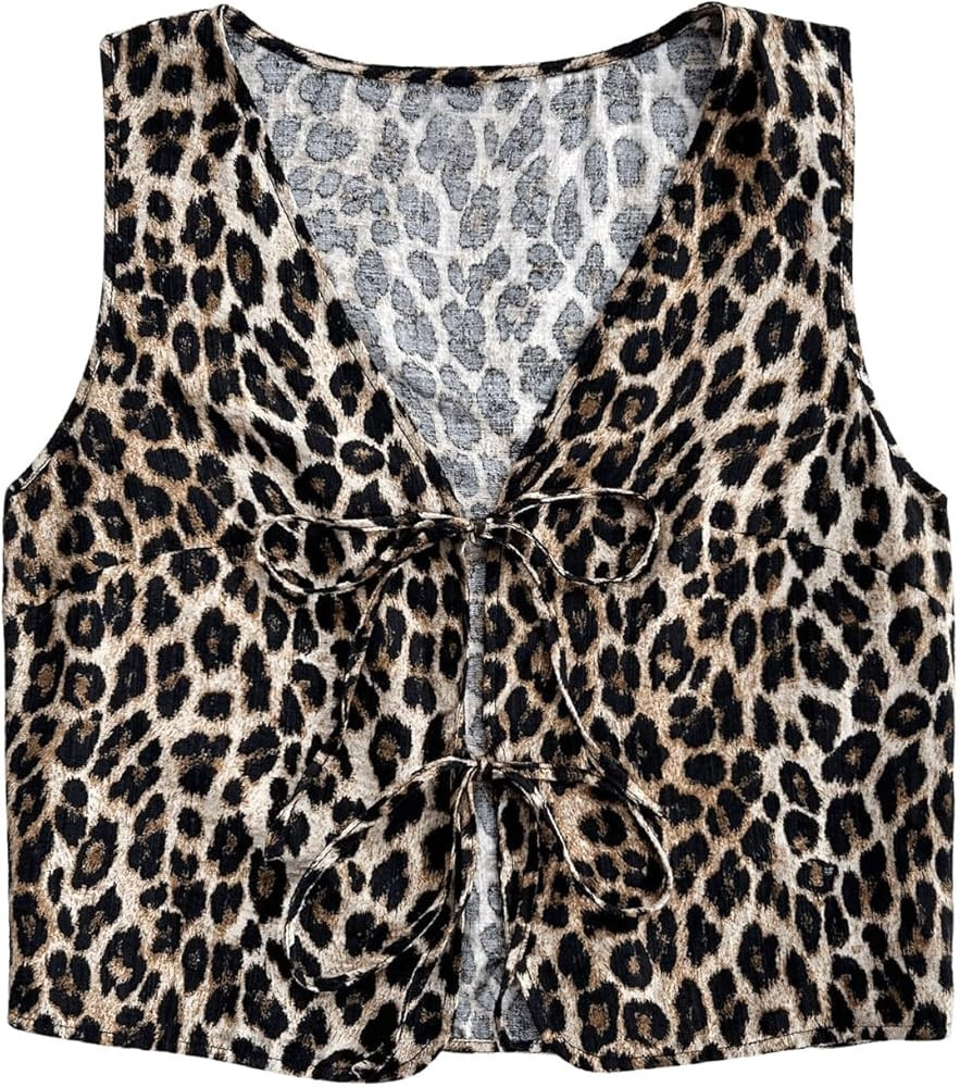 WDIRARA Women's Leopard Print Bow Tie Front Vest Sleeveless V Neck Crop Tank Top | Amazon (US)