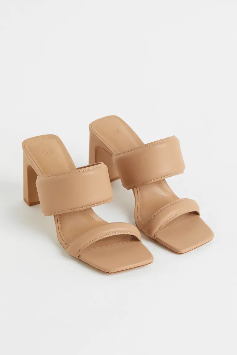 Mules in faux leather. Square, open toes, padded foot straps, and covered block heels. Jersey lin... | H&M (US + CA)