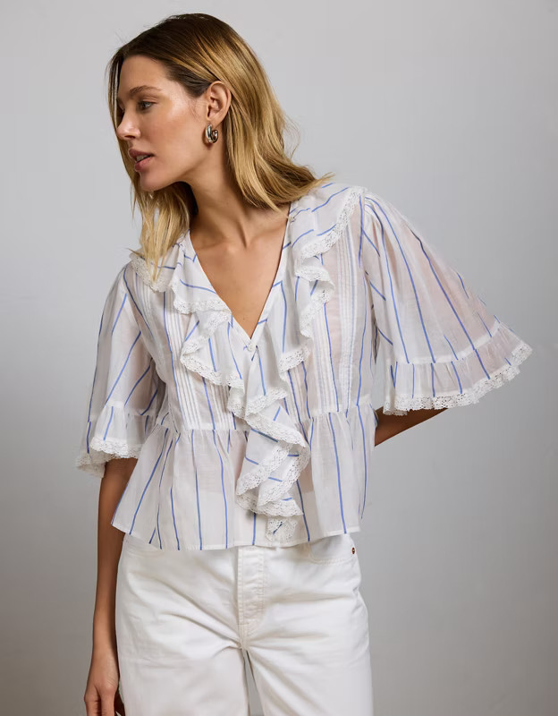 AE77 Premium Ruffle V-Neck Blouse | American Eagle Outfitters (US & CA)