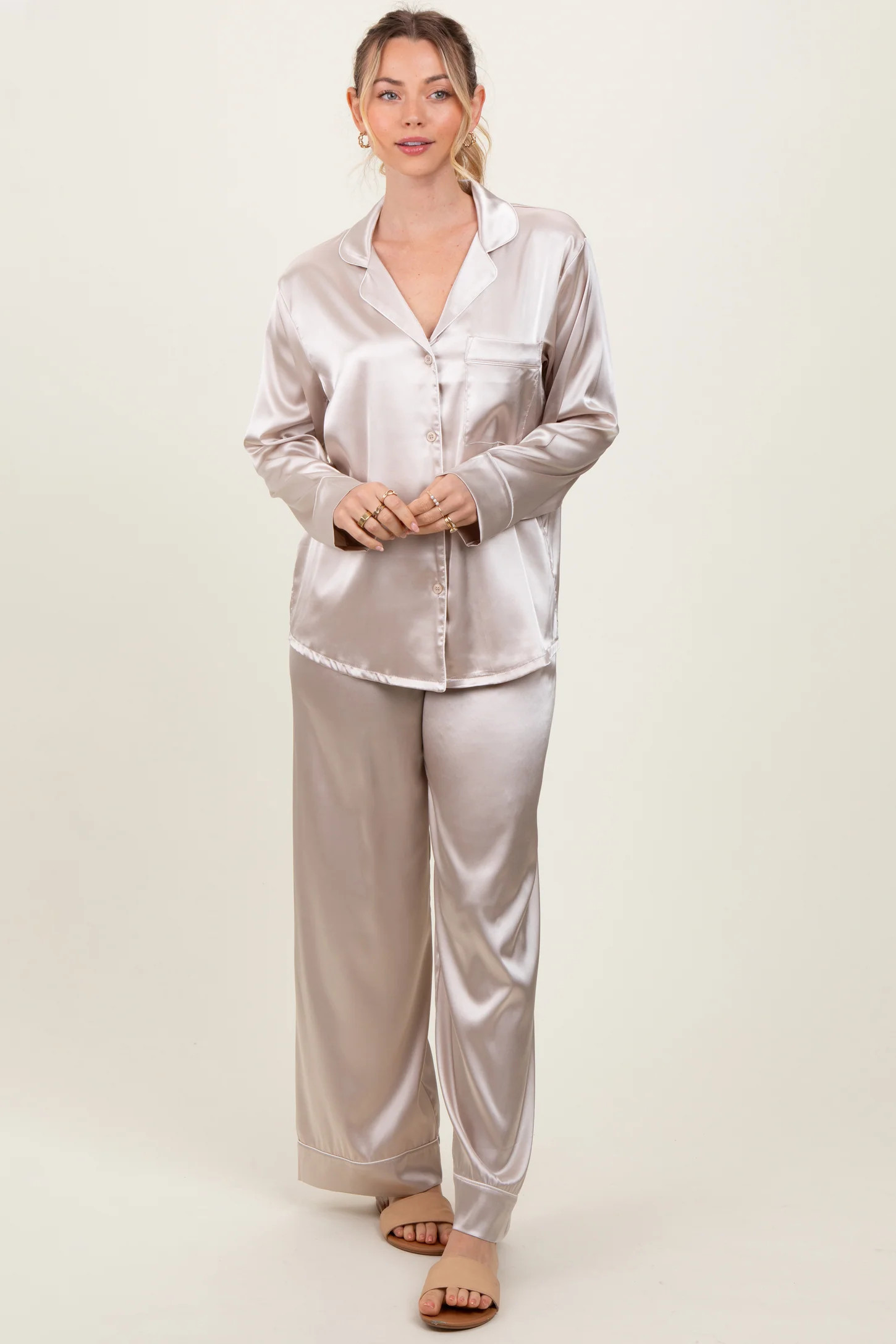 Cream Satin Contrast Trim Long Sleeve Pajama Set | PinkBlush Maternity