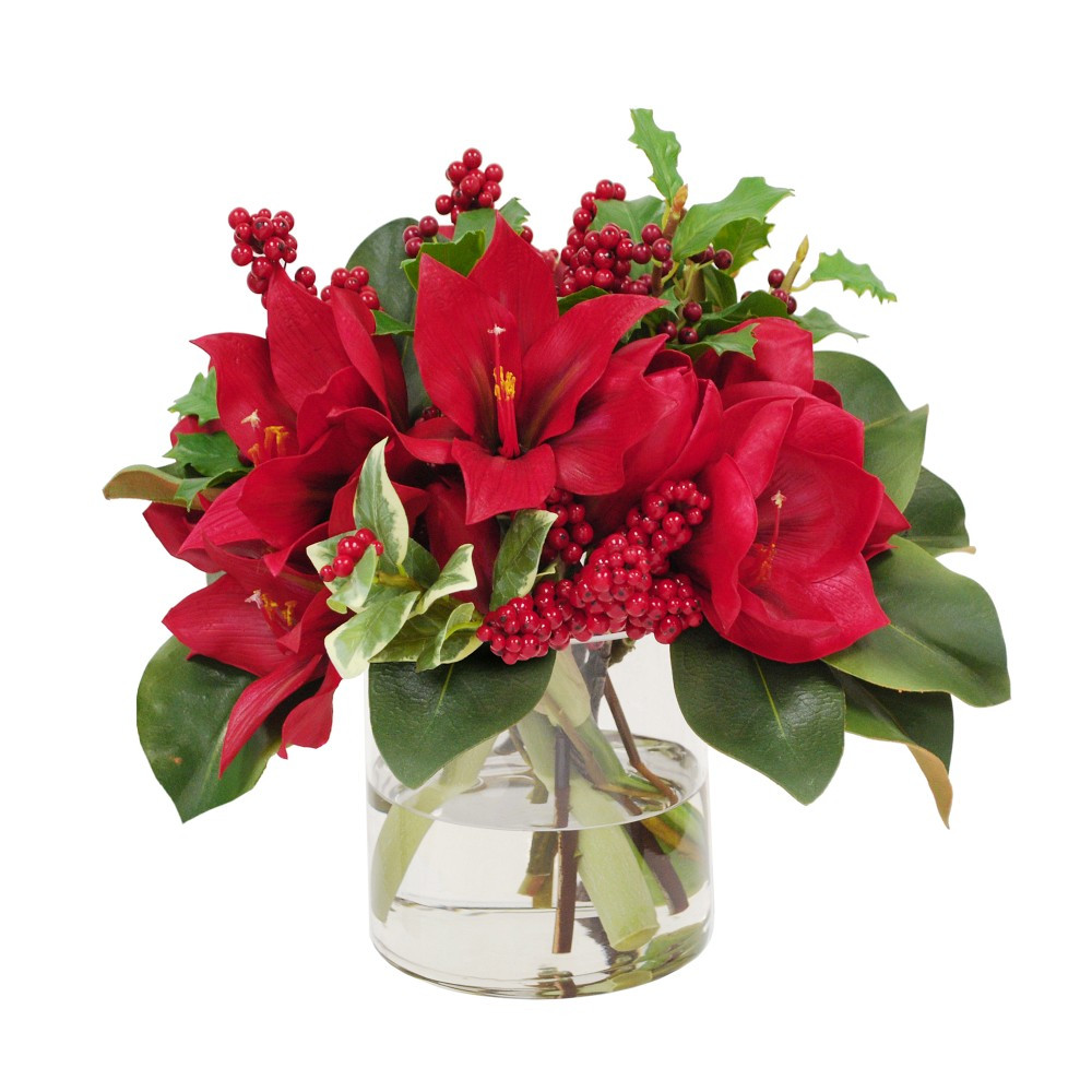 Faux Poinsettia &amp; Holly Berry Floral Arrangement in Glass Vase | Williams-Sonoma