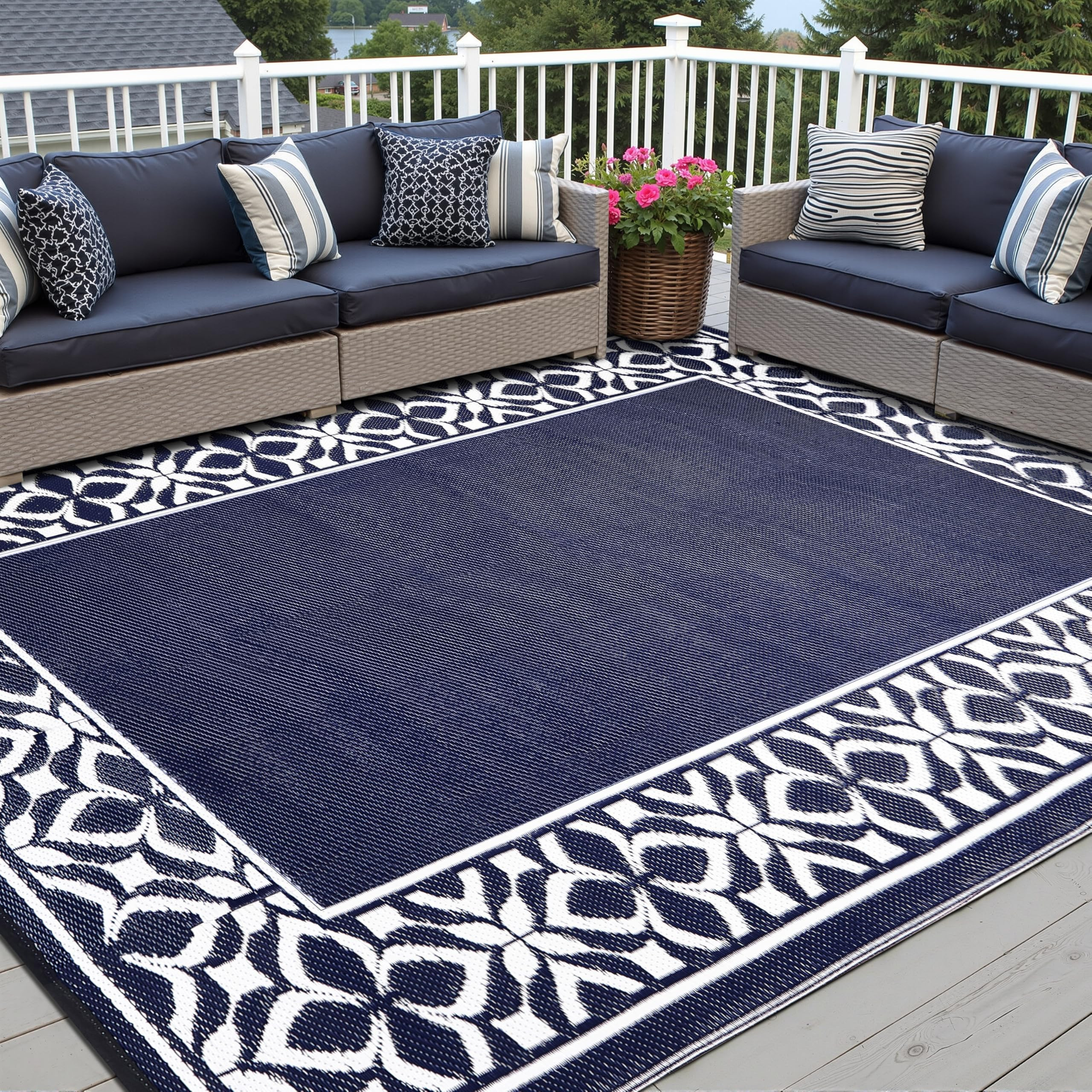 Outdoor Plastic Straw Rug Navy Blue Large Outside Waterproof Outdoor Patio 9x12 Carpet Geometric ... | Amazon (US)