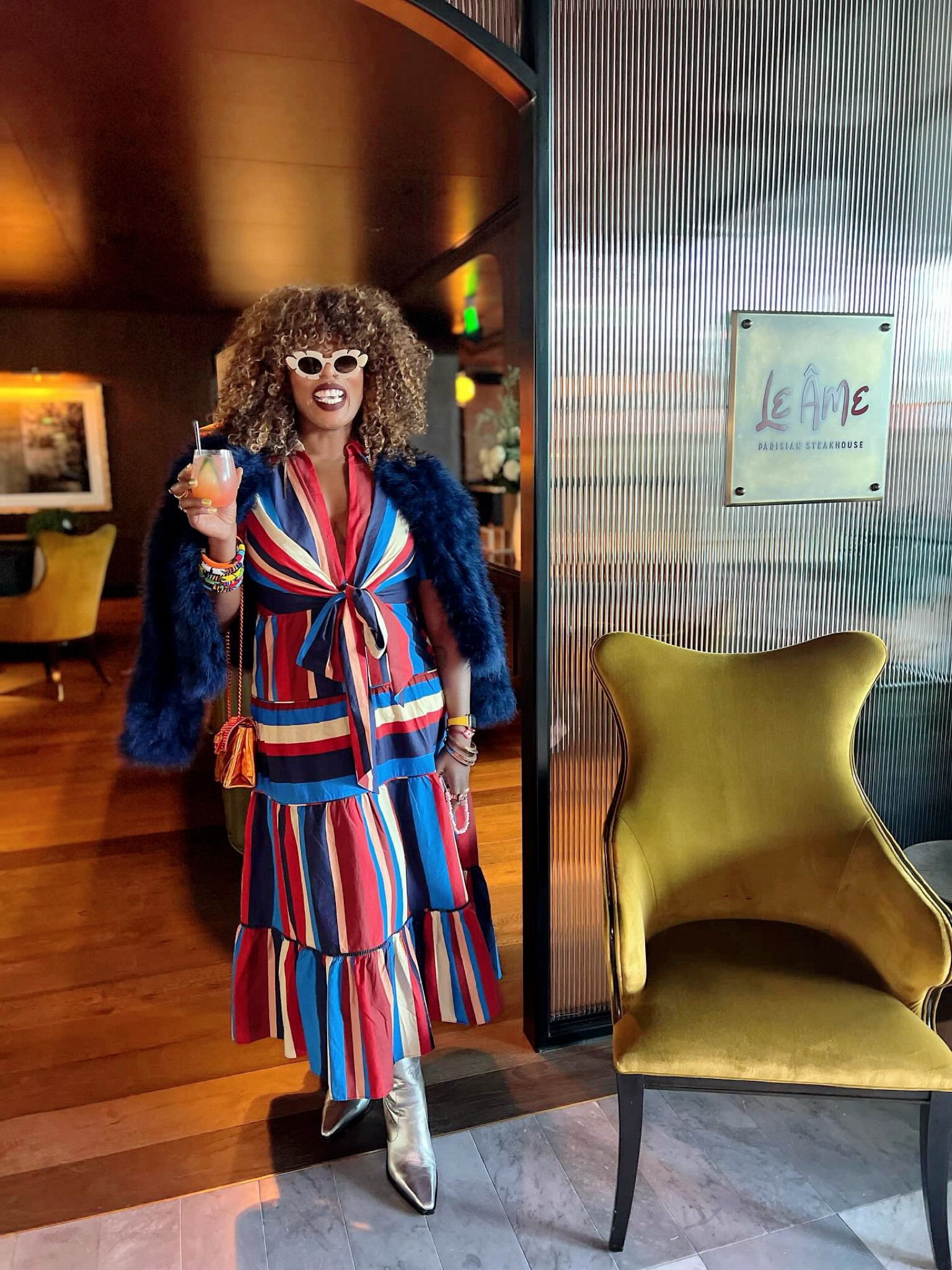 The perfect outfit for a hotel grand opening! 
Got so much love for this outfit & well chuffed to share it with you! Due to the deep plunge of the front of the dress, i highly recommend nipple covers!🤩💋❤️‍🔥🥂  
I wore a navy blue feather coat cape style as it elevated the outfit, dark ruby red lip, my favorite Sunnies & of course silver booties which are having a  moment!💋❤️‍🔥💥 

#LTKGiftGuide #LTKHoliday #LTKSeasonal