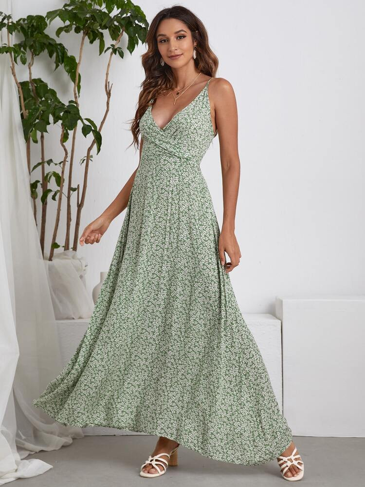 Surplice Neck Tie Back Ditsy Floral Cami Dress | SHEIN