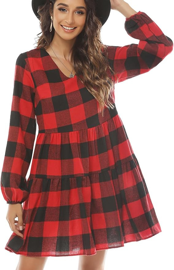 FANCYINN Womens Long Sleeve Buffalo Plaid Shift Tunic Dress Ruffle Hem Vneck Casual Swing Babydol... | Amazon (US)