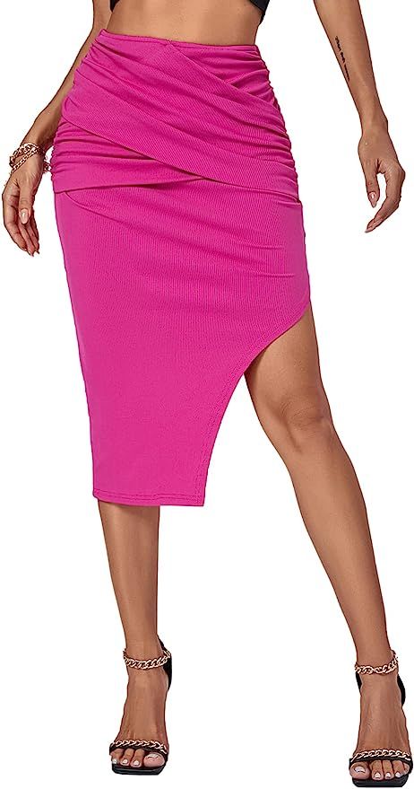LYANER Women’s Ruched High Waist Split Side Bodycon Work Pencil Midi Skirt | Amazon (US)