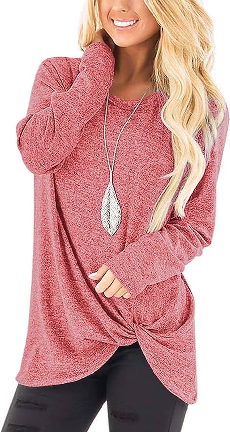 MarinaPrime Womens Waffle Knit/Cotton Blend Twist Knot Pullover Tops Loose Fitting Plain Shirts | Amazon (US)