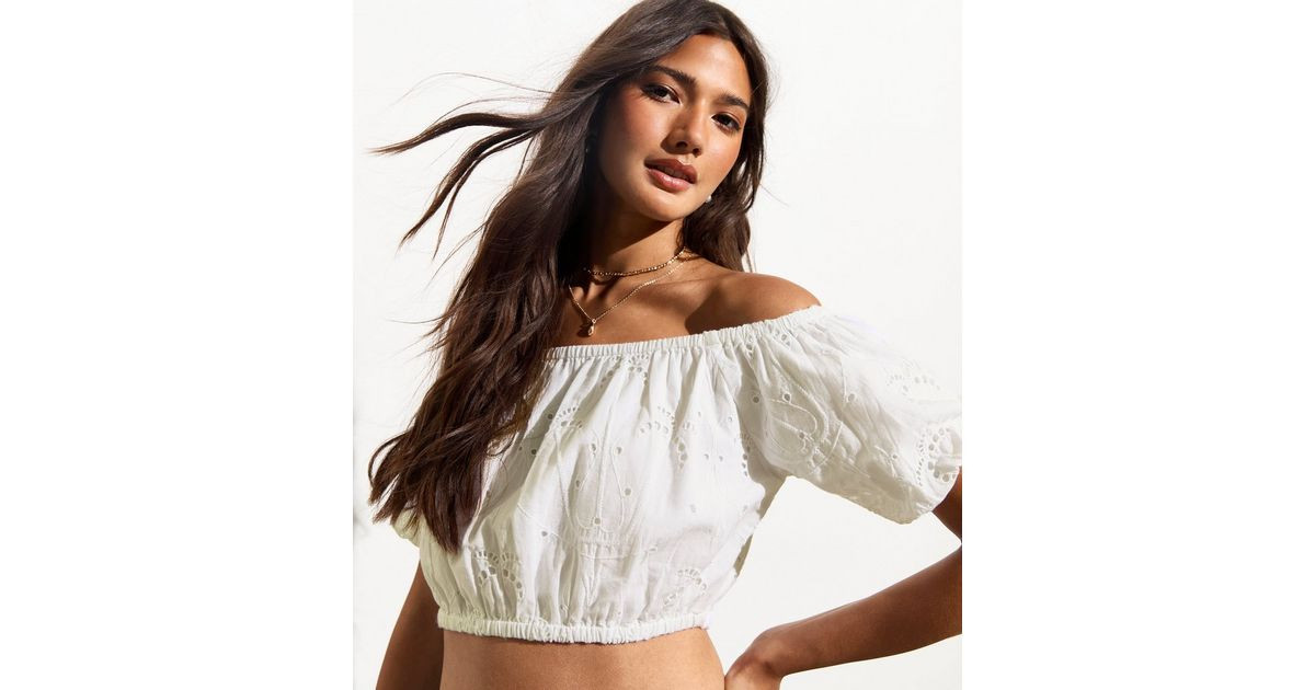 White Cropped Palm Broderie Bardot Top 
						
						Add to Saved Items
						Remove from Saved I... | New Look (UK)