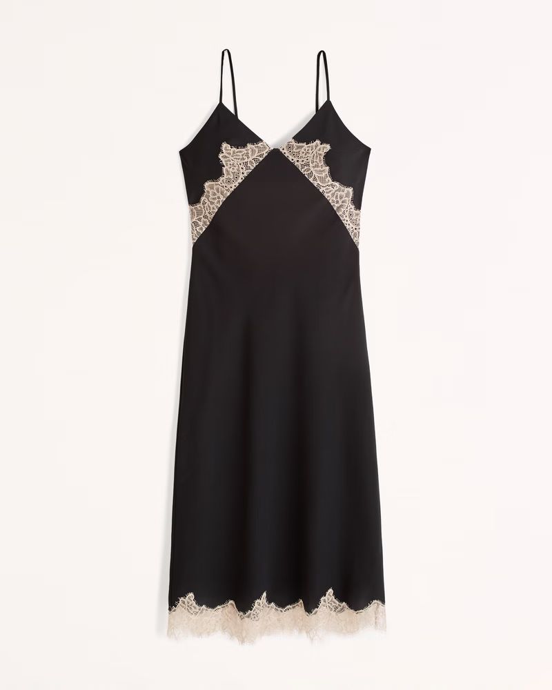 Lace-Trim Satin Slip Midi Dress | Abercrombie & Fitch (US)