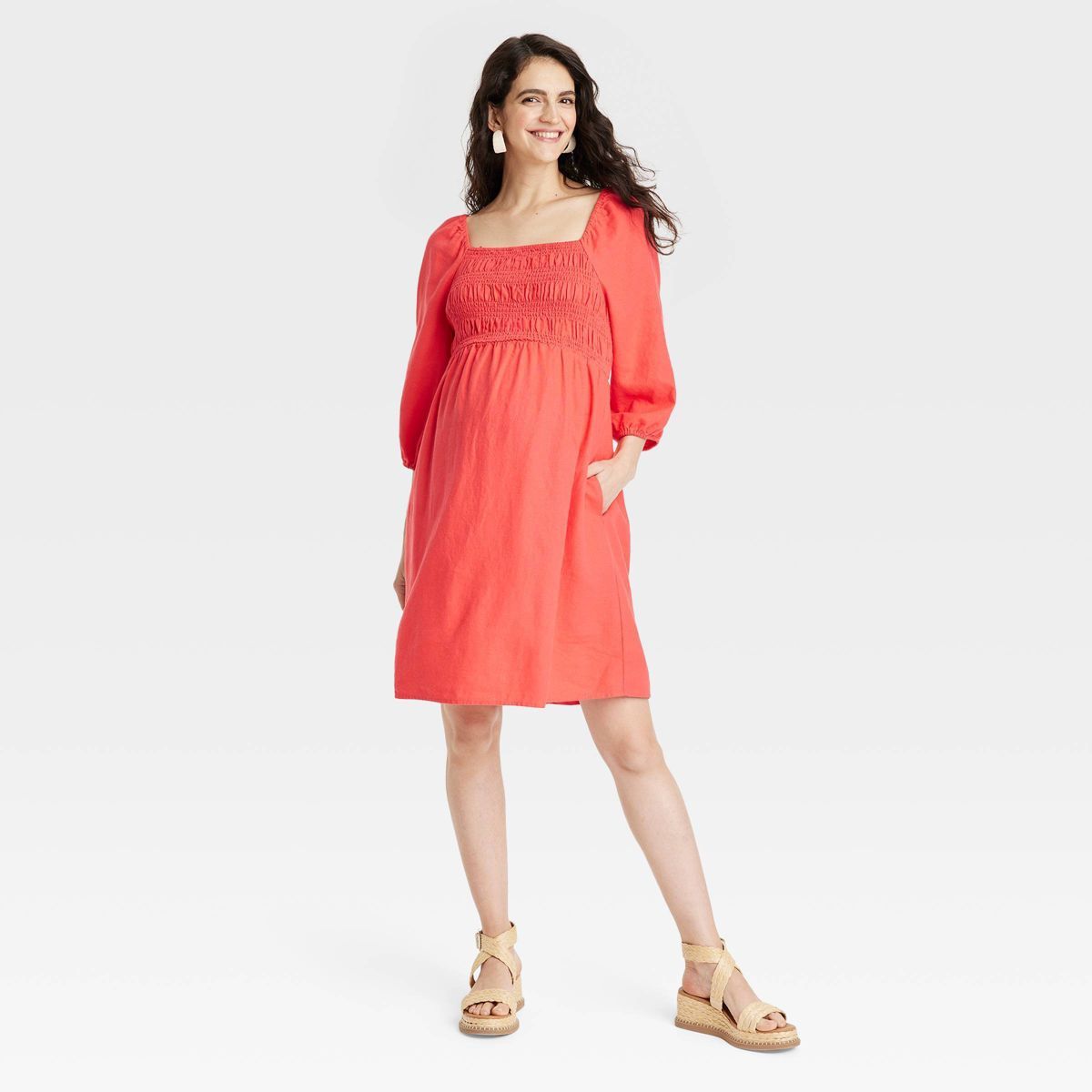 Puff Elbow Sleeve Smocked Linen Mini Maternity Dress - Isabel Maternity by Ingrid & Isabel™ Cor... | Target