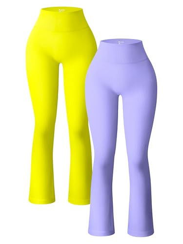 OQQ Women's 2 Piece Yoga Pants Ribbed Seamless Workout High Waist Bell Bottoms Flare Leggings Purple Yellow | Amazon (US)