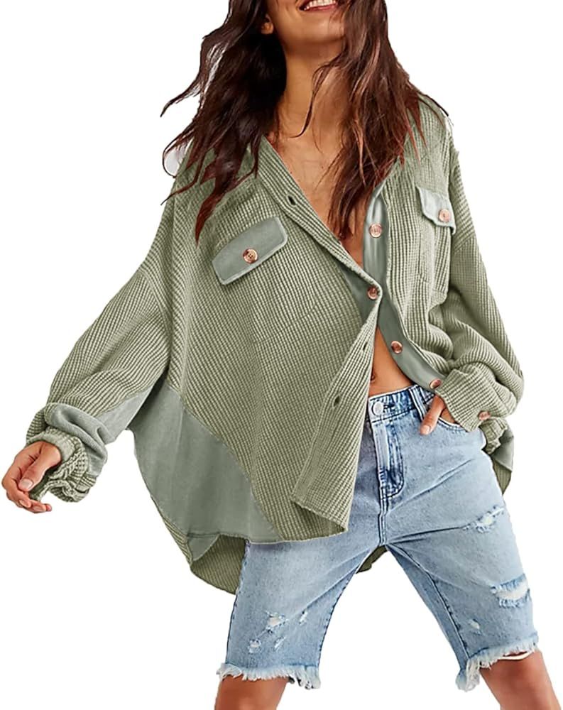 Womens Button Down Shirts Jacket Casual Waffle Knit Long Sleeve Oversized Shacket Tops | Amazon (US)