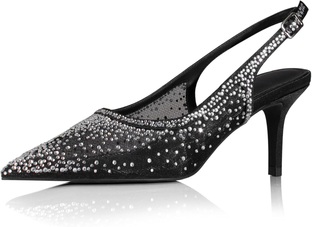 anteikira Women's Pointed Toe Rhinestone Studded Mesh Kitten Heel Slingbacks Slip On Party Weddin... | Amazon (US)