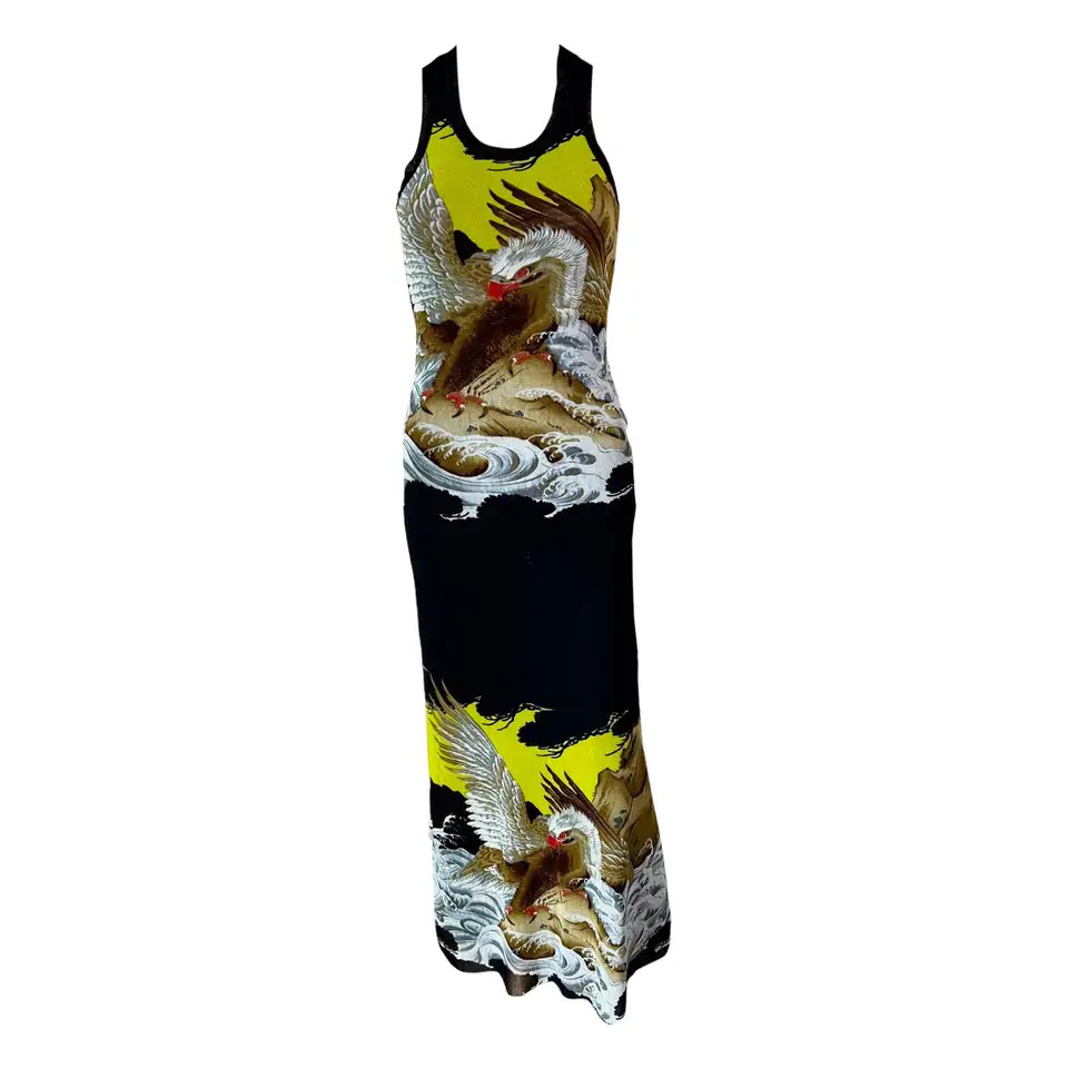 Jean Paul Gaultier Soleil Vintage Eagle Tattoo Print Mesh Bodycon Maxi Dress | 1stDibs