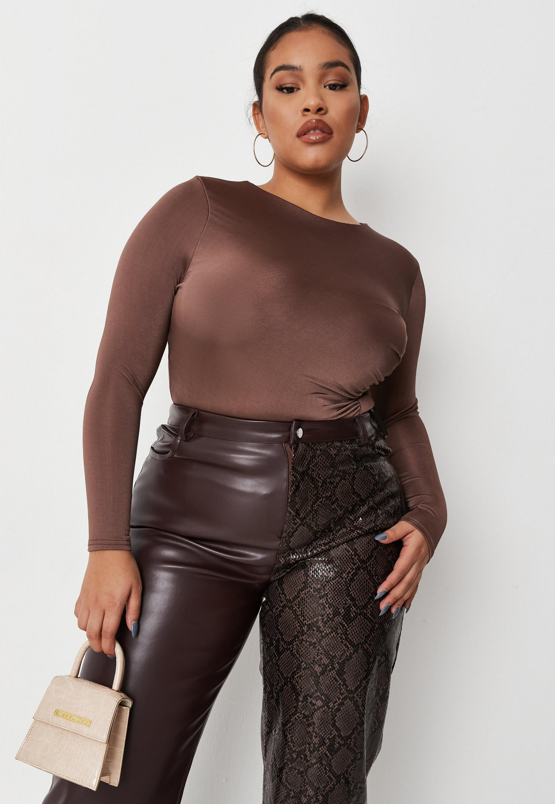 Missguided - Plus Size Chocolate Slinky Ruched Long Sleeve Top | Missguided (US & CA)