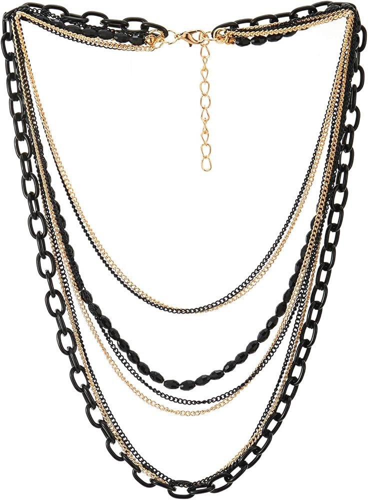 Choker Collar Statement Necklace Waterfall Multi-Strand Black Gold Chains with Gem Stone Bead Str... | Amazon (US)
