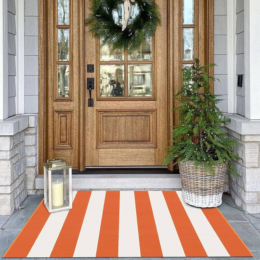 KOZYFLY Striped Rug 27.5x43 Inches Orange and White Halloween Fall Front Door Rug Hand Woven Area... | Amazon (US)