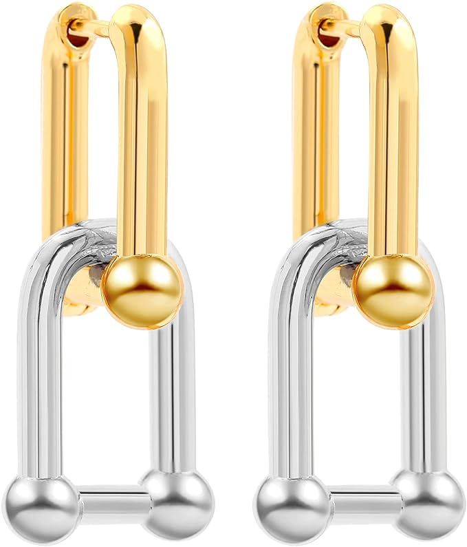 Sloong 14k Gold Plated Ball U Shape Pin Y2K Style Chunky Earring Link Chain Chunky Circle Hoop Ea... | Amazon (US)