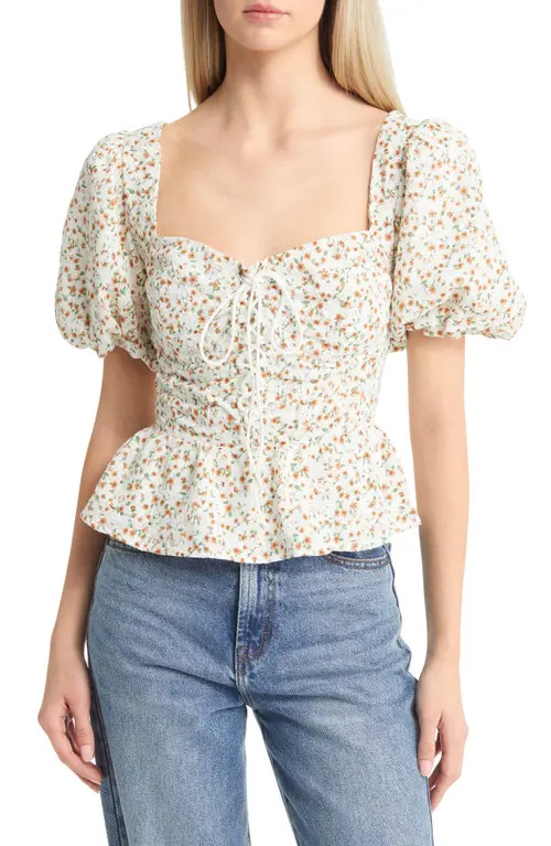 ASTR the Label Floral Puff Sleeve Lace-Up Corset Crop Top in Rust White Ditsy at Nordstrom, Size Sma | Nordstrom