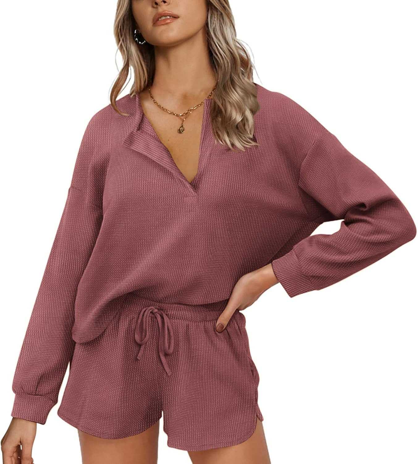 Ekouaer Pajamas Womens Waffle Knit Lounge Set Long Sleeve Top and Shorts 2 Piece Loungewear Outfi... | Amazon (US)