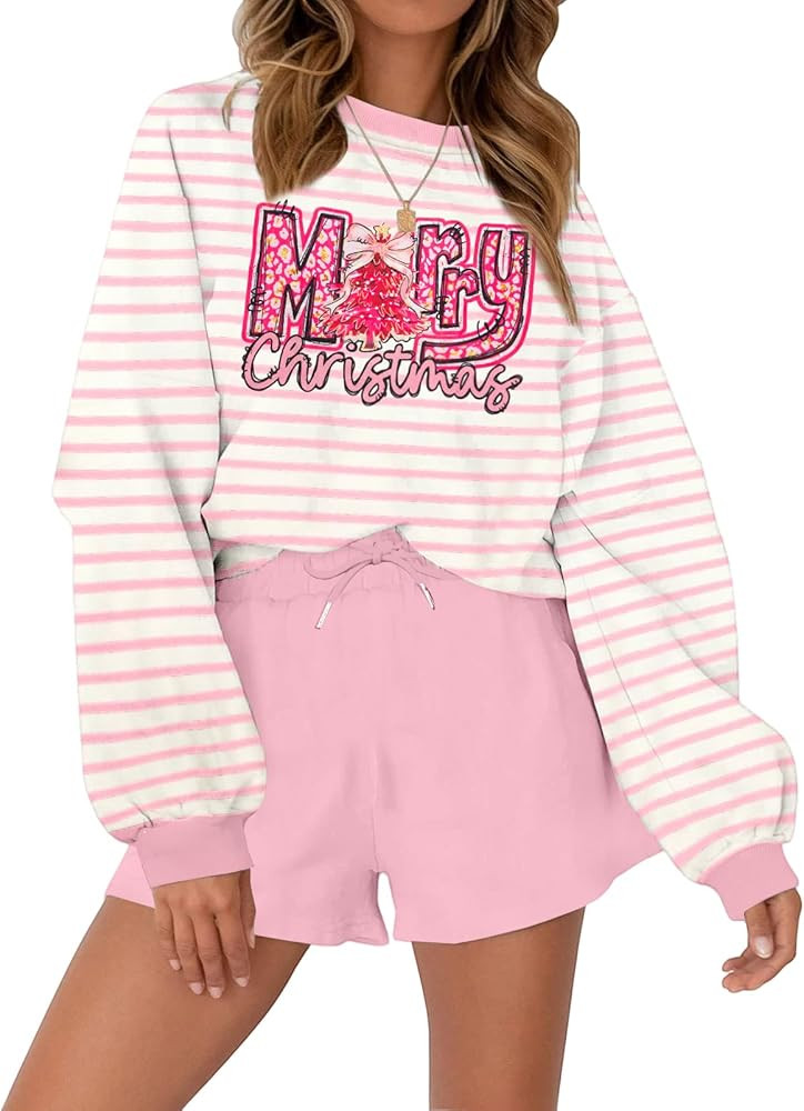 VILOVE Christmas Sweat Shorts Sets Women 2 Piece Merry Xmas Jolly Sequin Outfit Oversized Casual ... | Amazon (US)