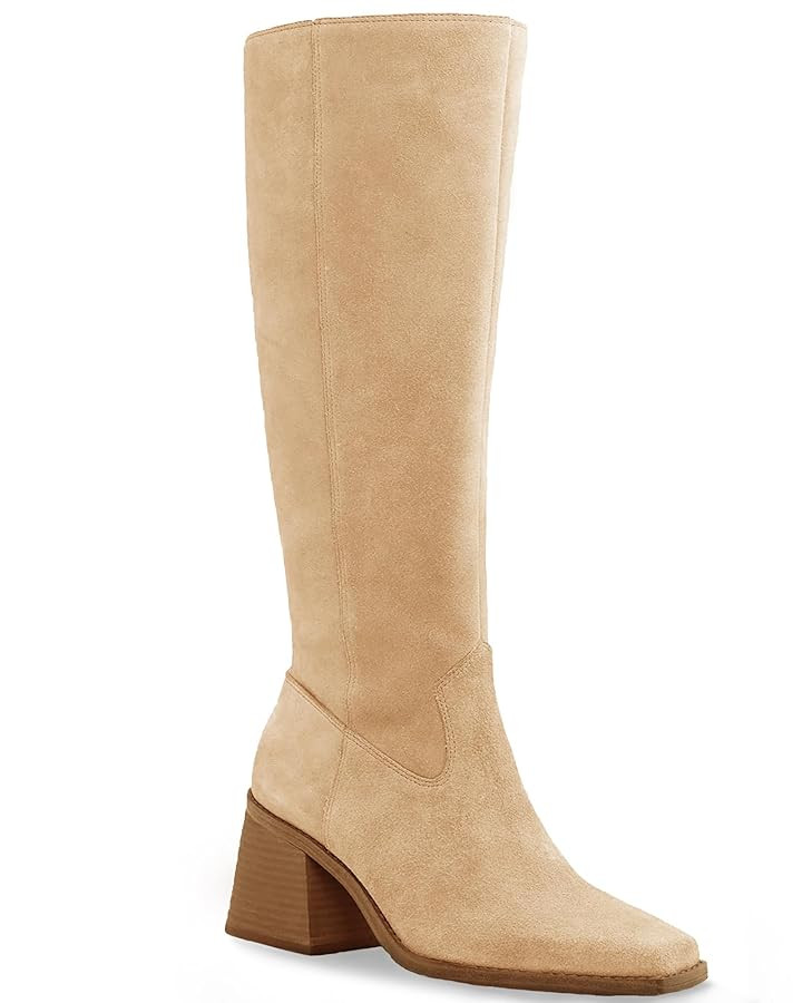 Coutgo Women's Knee High Boots Wide Calf Square Toe Chunky Heeled Pull-on Boot | Amazon (US)