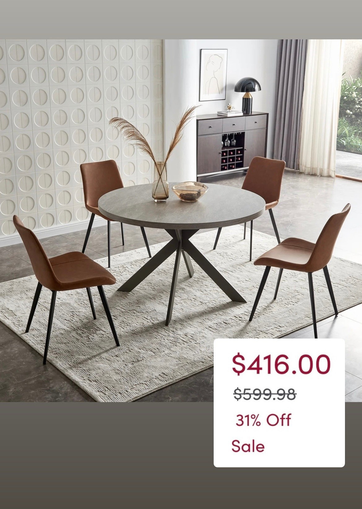 This round dining table set brings a clean, modern edge to your dining space. The sleek stone-look top and tan leather chairs create a warm, inviting feel—perfect for cozy dinners or weekend brunches. Pair it with a textured rug for that effortless mid-century touch. 

5 pieces: 1 table and 4 dining chairs. On sale for 5 days  Wayfair. 