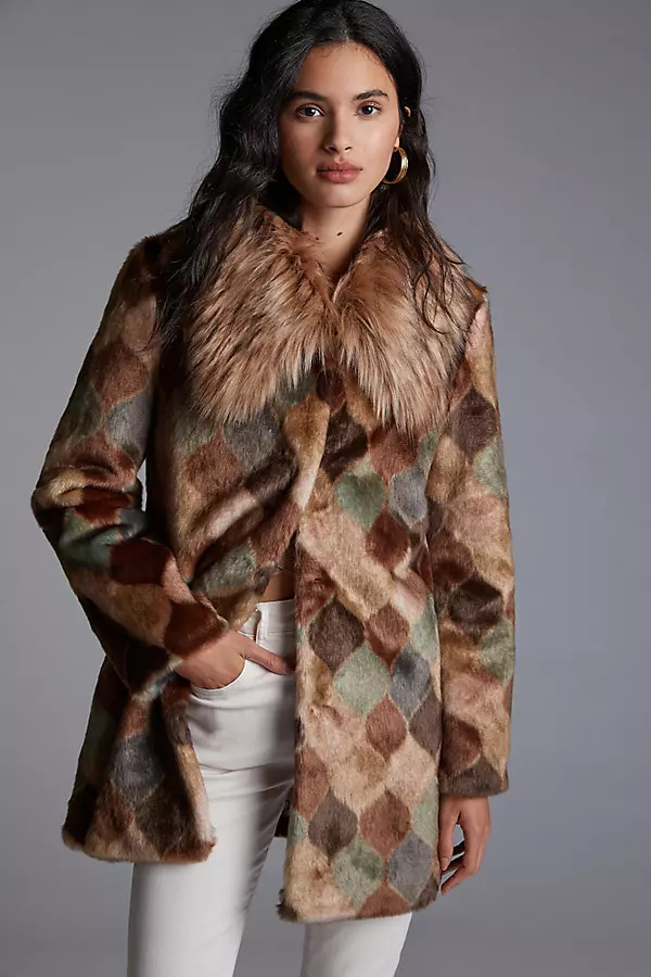 Diamond Faux Fur Coat By Unreal Fur in Assorted Size XS | Anthropologie (US)
