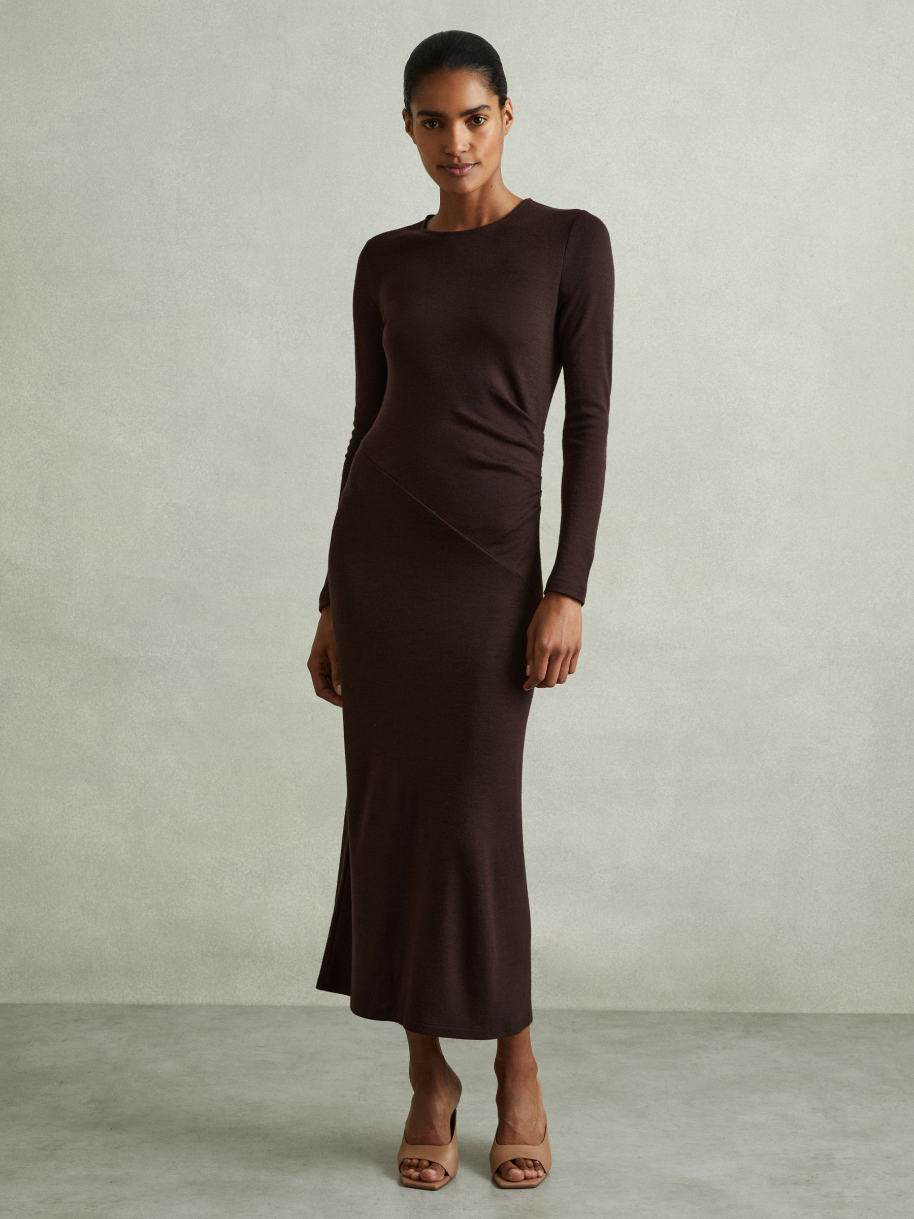 Reiss Wool Ruche Detail Midi Dress in Berry - REISS | Reiss UK