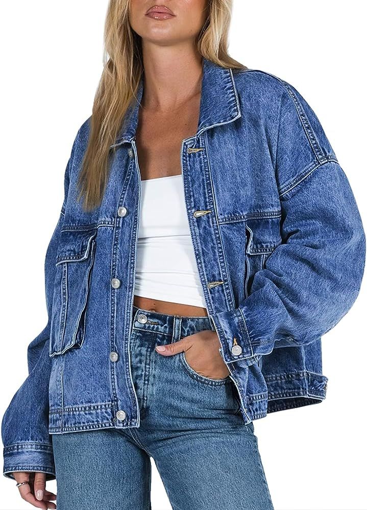 Sidefeel Womens Fashion 2023 Fall Jean Jacket Oversized Retro Washed Denim Jacket with Pockets | Amazon (US)