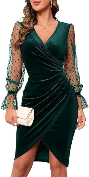 ihot Womens Sexy V Neck Long Sheer Sleeve Bodycon Ruched Sheath Cocktail Party Club Faux Wrap Dre... | Amazon (CA)