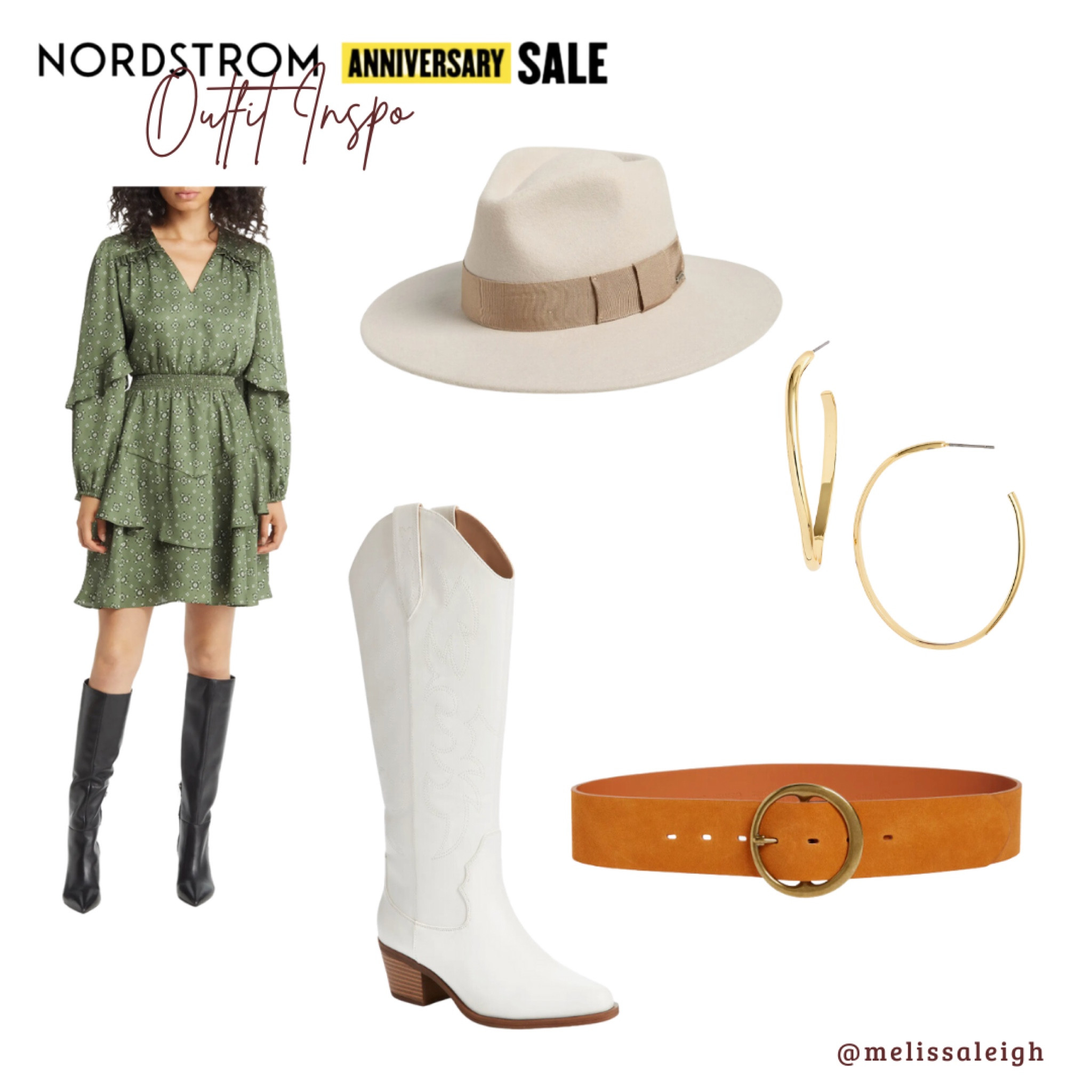 Nordstrom anniversary sale, Nordstrom, Nordstrom sale, n sale 2023, sale finds, fall fashion, fall style, staple items, western style, wedding guest dress, green long sleeve tiered dress, fall dress, white cowboy boots, wide brim felt hat, gold hoops, suede belt 

#LTKwedding #LTKSeasonal #LTKxNSale