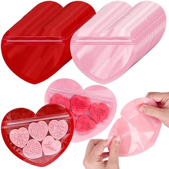 JarThenaAMCS 100Pcs Heart-Shaped Gift Bags 5.9 x 5 Inch Red Pink Heart Clear Resealable Baggies C... | Amazon (US)