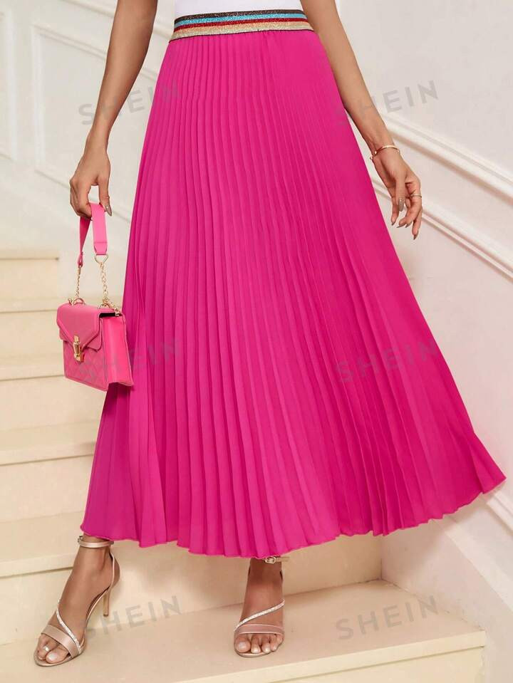 SHEIN Clasi Contrast Glitter Regenboogstrepen Hoge taille Plooirok | SHEIN