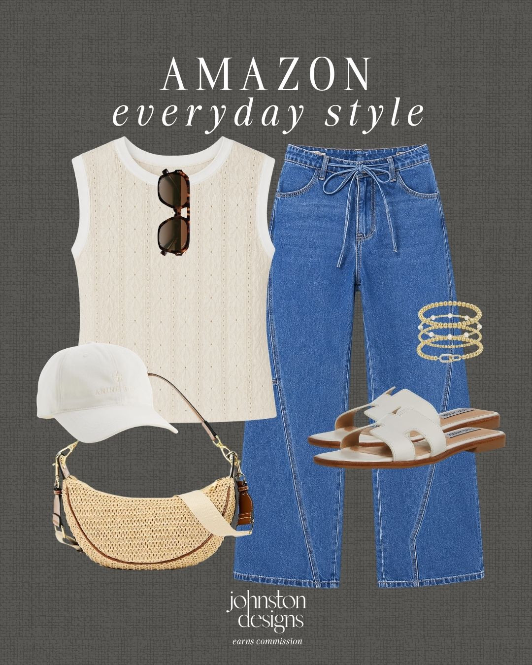 Amazon everyday style with easy denim, a neutral knit top and woven accessories for a casual polished look. Love this for errands, lunch plans or weekend days when you still want to feel put together. 🤍

Amazon everyday style, knit tank, tie waist jeans, white sandals, woven bag, baseball cap, sunglasses, gold jewelry, casual outfit, errands look, lunch outfit, weekend style, neutral outfit, affordable finds, everyday fashion, polished basics 

 #LTKgrwm #LTKootd #LTKmomlife
