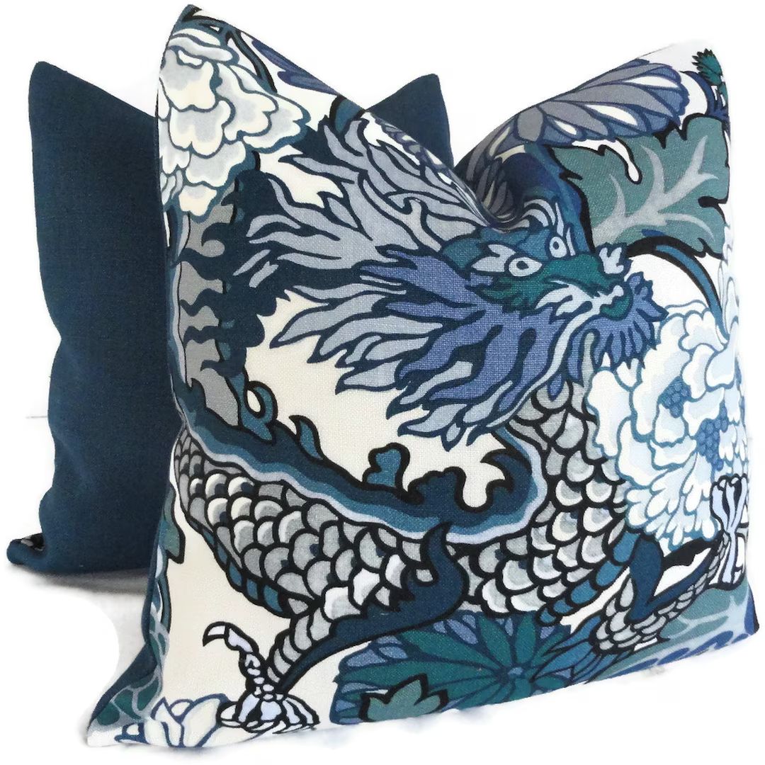 Schumacher China Blue Chiang Mai Dragon Decorative Pillow Covers 18x18, 20x20 or 22x22, Toss Pill... | Etsy (US)