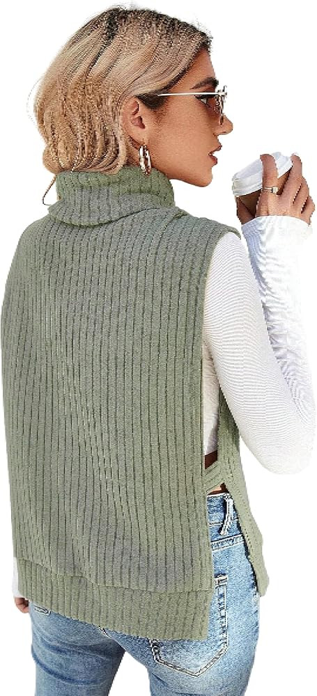 Floerns Women's Turtleneck Sleeveless Sweater Vest Rib Knit Split Hem Tank Top | Amazon (US)