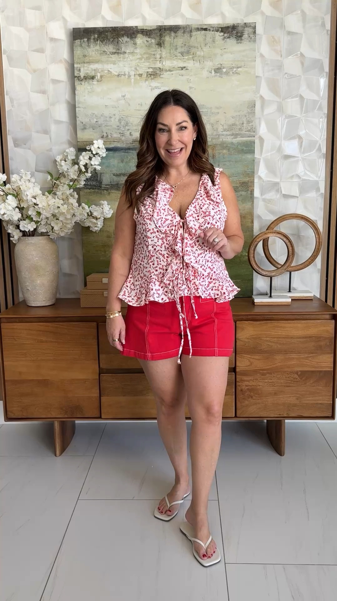 Loft Summer Ruffle Shirt and Red Shorts Outfit | Wearing top tts, L- has open sides and Shorts tts, 12

#LTKSeasonal #LTKOver40 #LTKMidsize