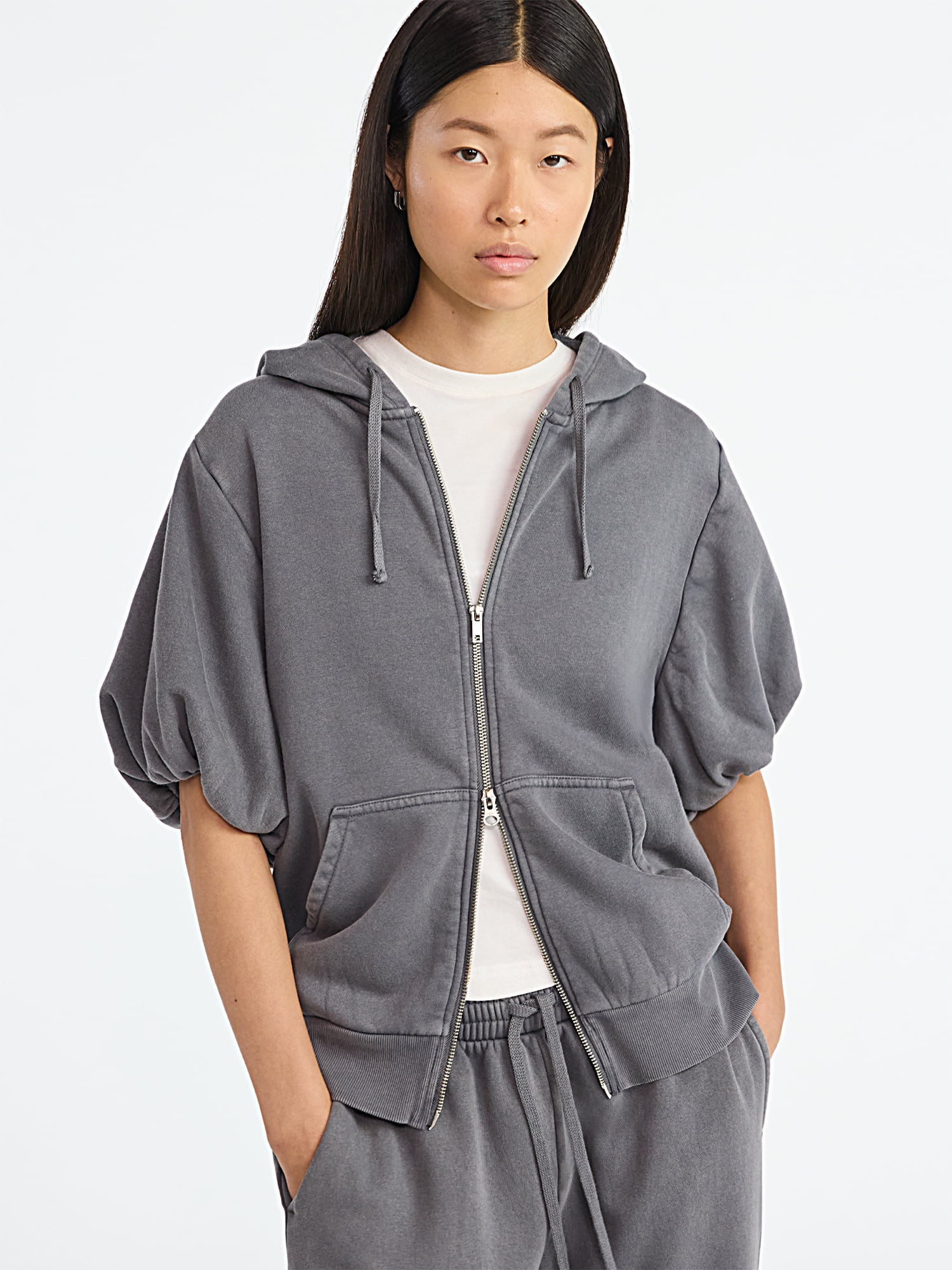 Scoop Women’s Mineral Washed Zip Hoodie with Short Puff Sleeves, Sizes XS-XXL | Walmart (US)