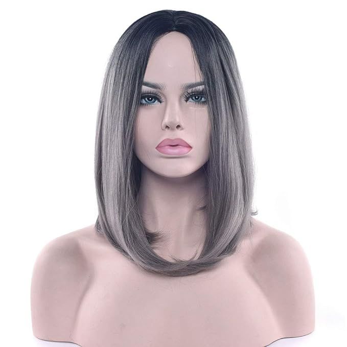 Divine 13" Ombre Gray Bob Wigs Short Straight Synthetic Hair Full Wigs for Women Natural Looking ... | Amazon (US)