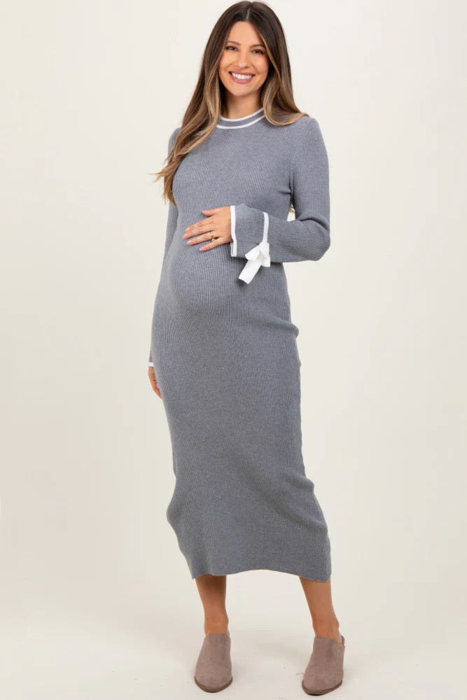 Grey Knit Bow Detail Sleeve Maternity Midi Sweater Dress | PinkBlush Maternity