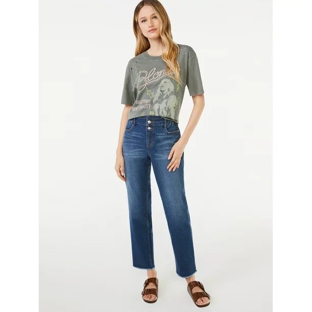 Scoop Women's Elastic Waist Straight Ankle Crop Jeans - Walmart.com | Walmart (US)