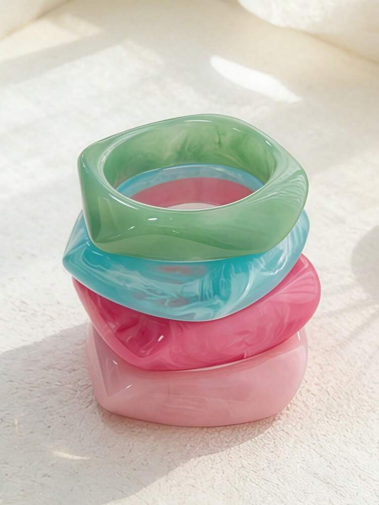 4pcs/Set Geometric Summer Tie-Dye Resin Curved Beach Bracelet, Asymmetric Acetate Bracelet, Fashionable & Versatile For Women | SHEIN