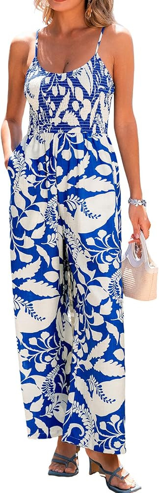 CUPSHE Womens Summer Jumpsuit Spaghetti Strap Floral Print Smocked Waist Wide Leg Long Pants Romp... | Amazon (US)