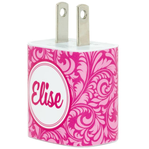 Monogram Hot Pink Swirl Phone Charger | Classy Chargers