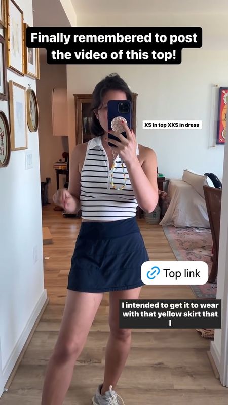 XS in top XXS in dress  Finally remembered to post the video of this top! 

Abercrombie YPB, active, tennis, pickle ball, petite, striped tank, navy outfit, walk outfit, sneakers, new balance, phone charm 

#LTKActive #LTKVideo #LTKFindsUnder100