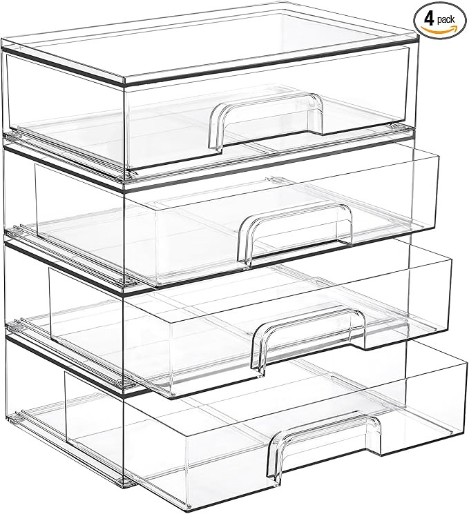 Vtopmart 12.1''W Clear Stackable Storage Drawers,4 Pack Acrylic Plastic Organizers Bins for Makeu... | Amazon (US)